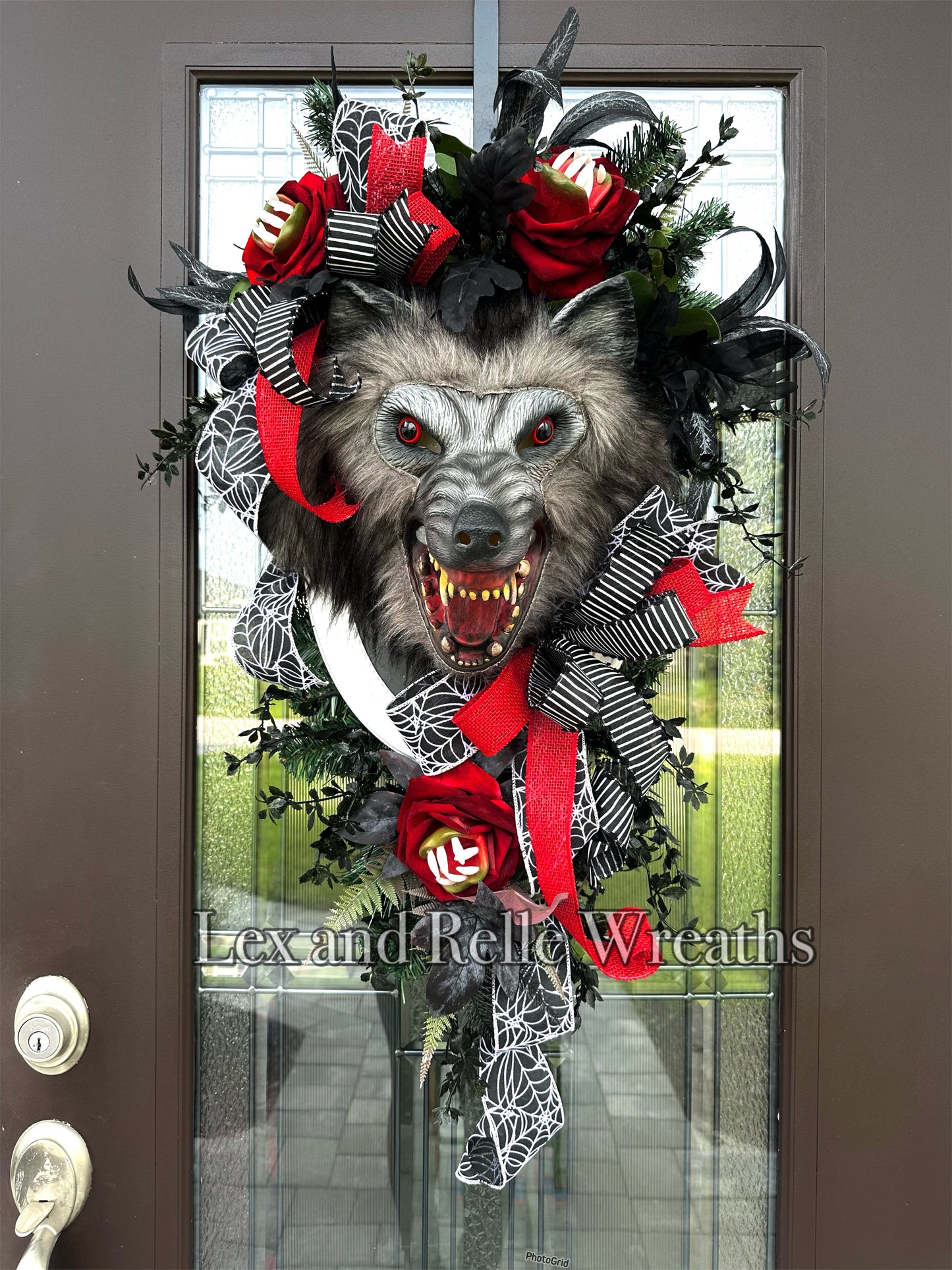 Wild Wolf Wreath, red black and gray Scary Halloween Swag decoration