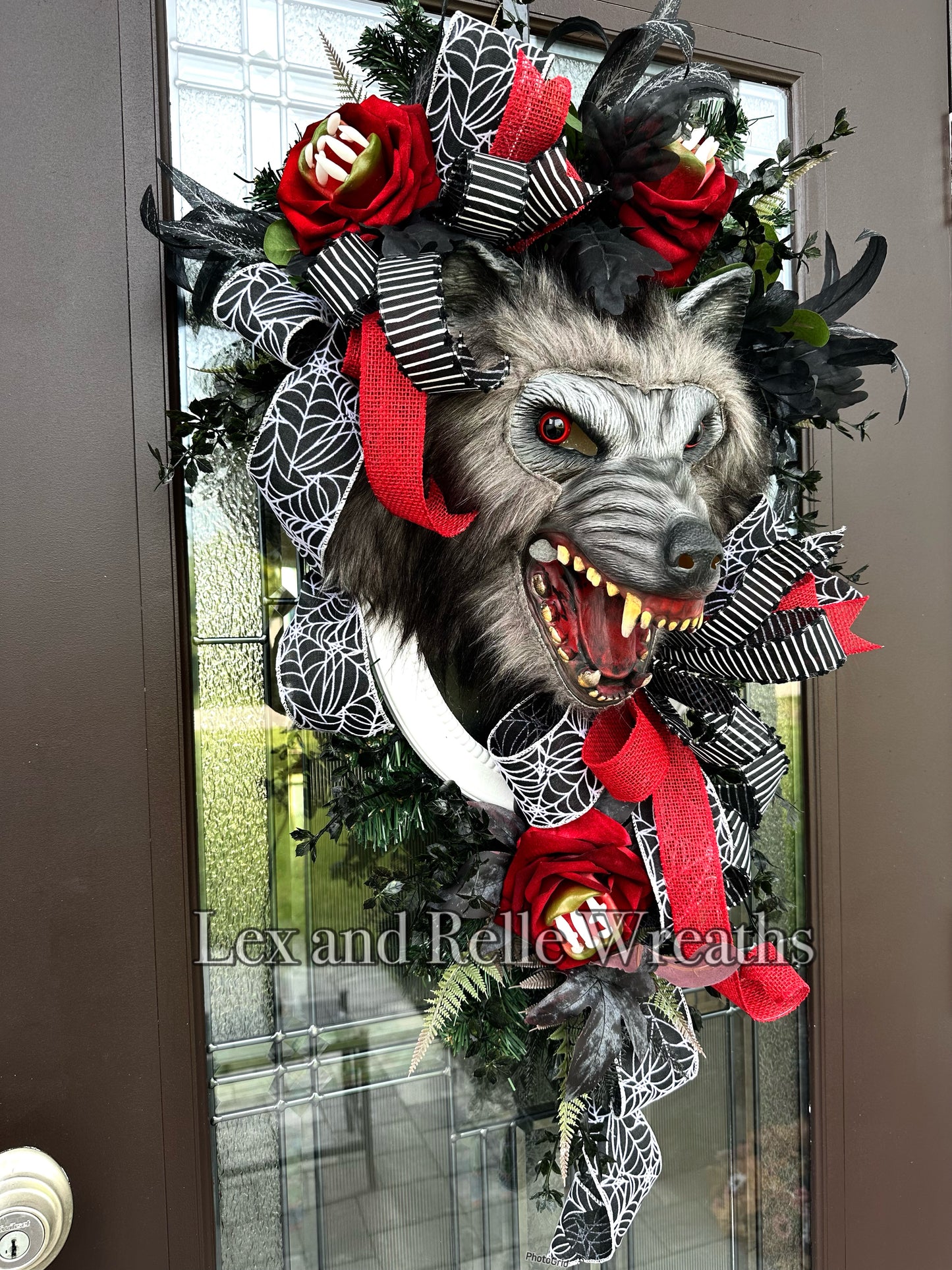 Wild Wolf Wreath, red black and gray Scary Halloween Swag decoration