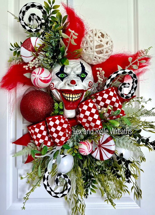 Scary Red and White Clown Joker Smile Wreath