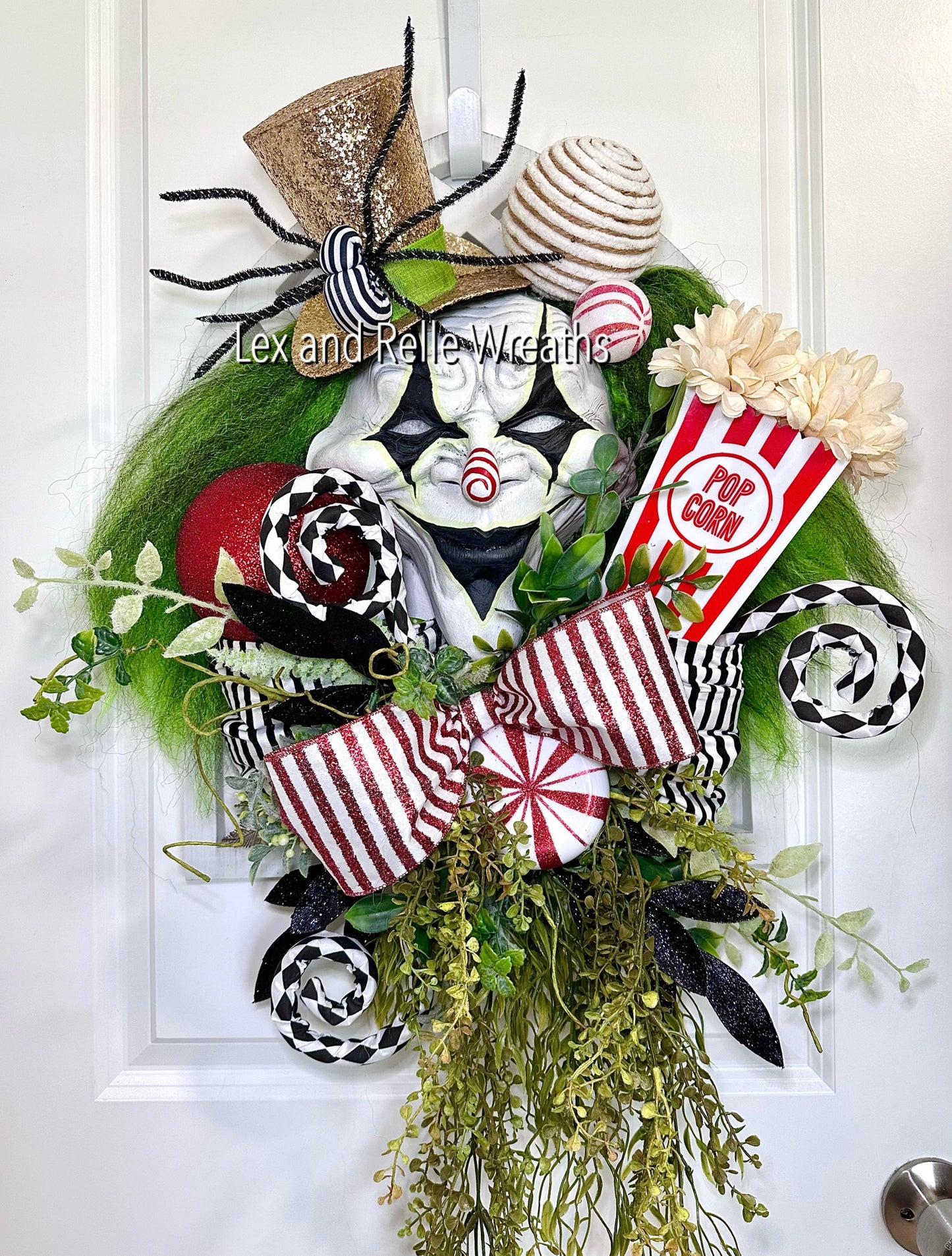 Scary Clown Wreath with Joker Smile and Green Hair