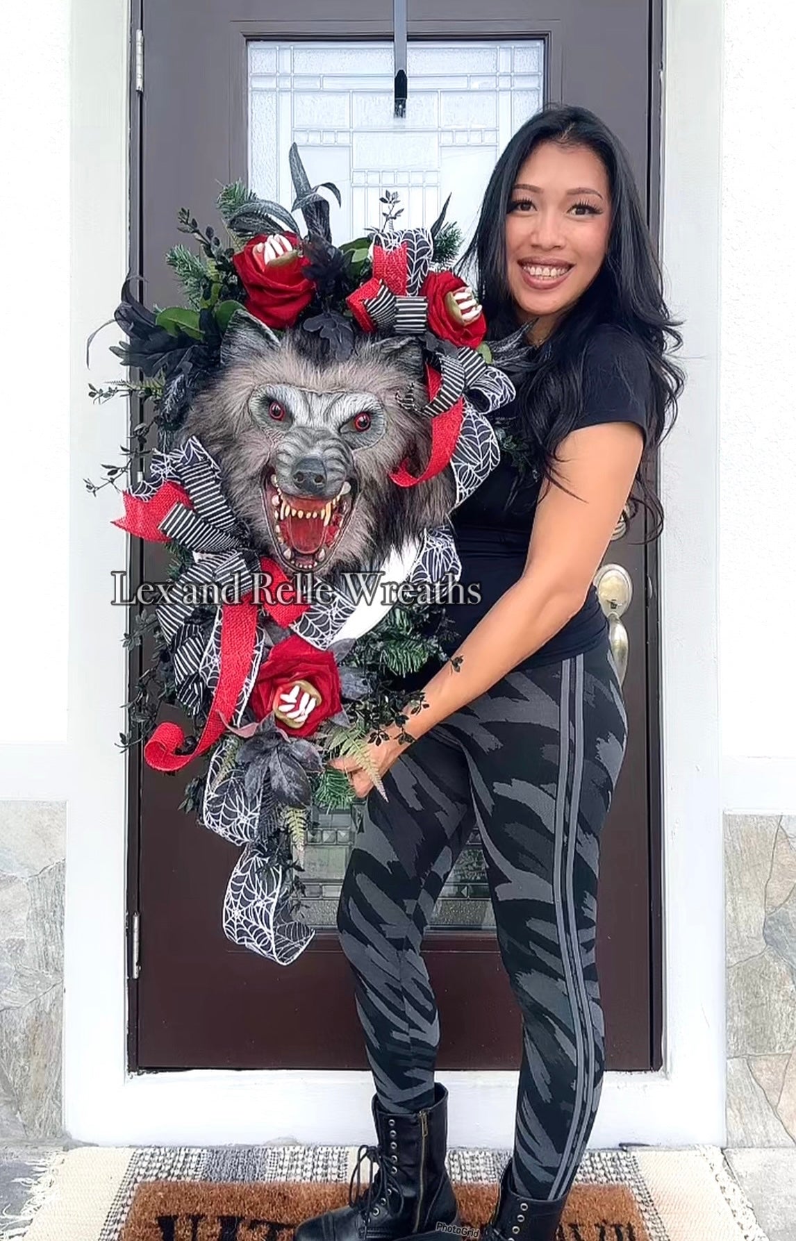 Wild Wolf Wreath, red black and gray Scary Halloween Swag decoration