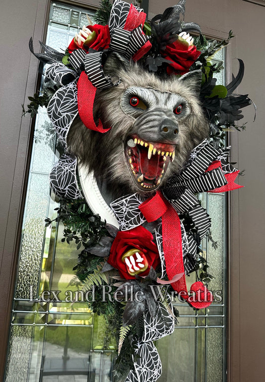 Wild Wolf Wreath, red black and gray Scary Halloween Swag decoration