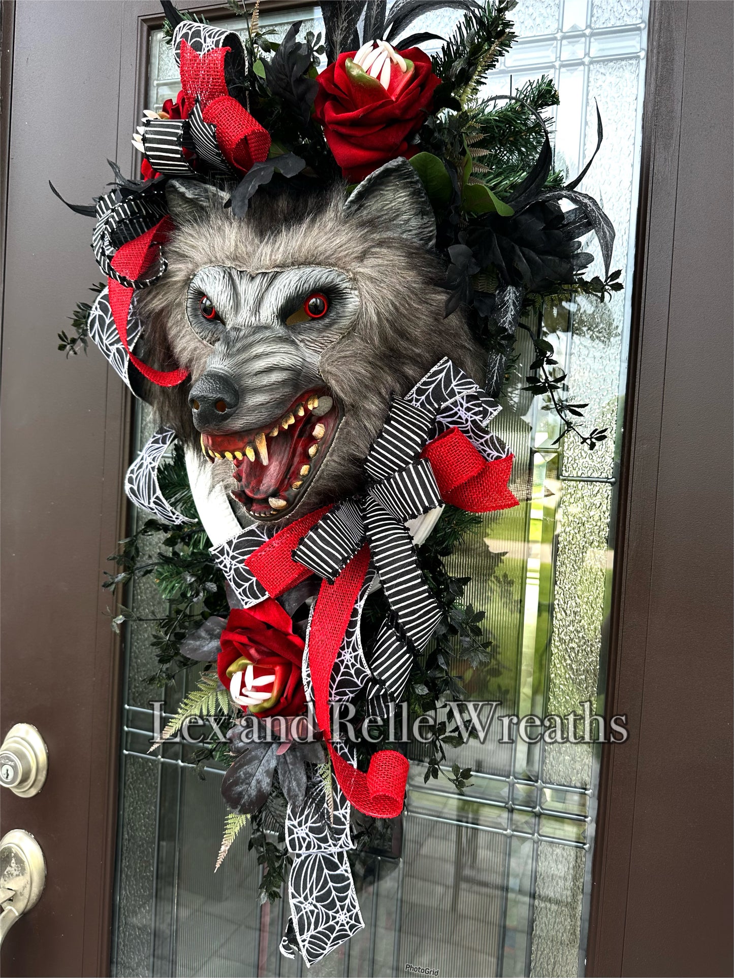 Wild Wolf Wreath, red black and gray Scary Halloween Swag decoration