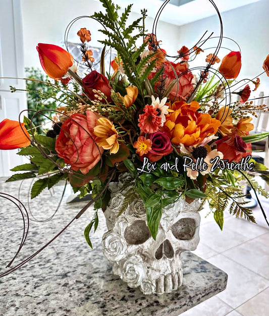 Large Skull Flower Bouquet Arrangement Centerpiece for Halloween