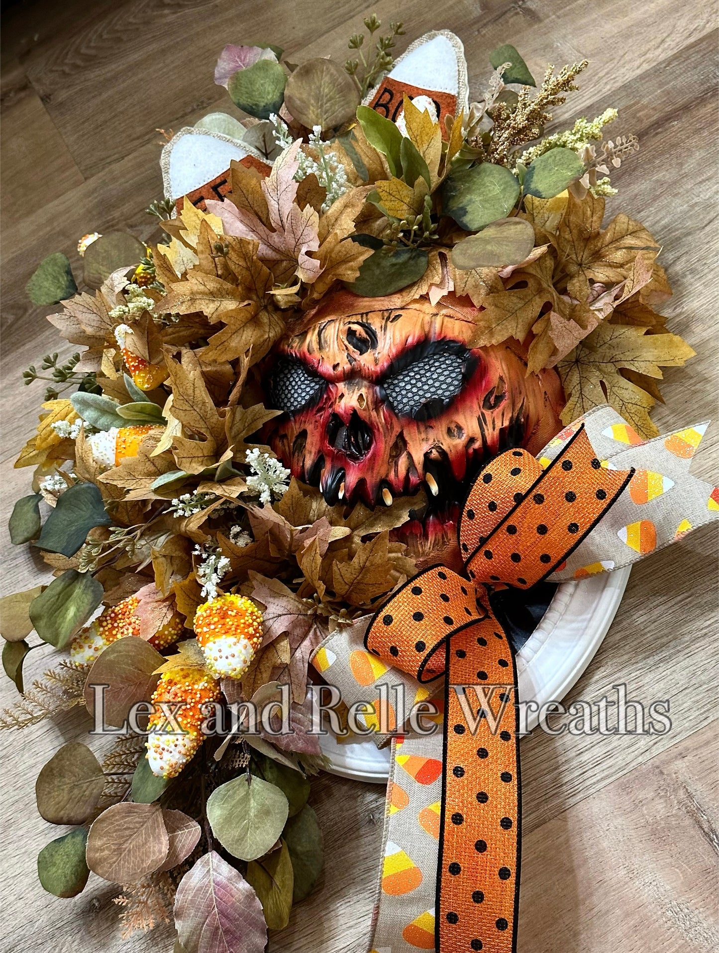 Creepy Candy Corn Halloween Pumpkin Mask Wreath