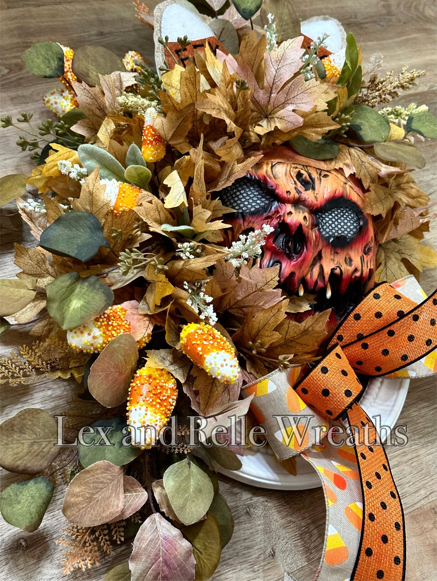 Creepy Candy Corn Halloween Pumpkin Mask Wreath