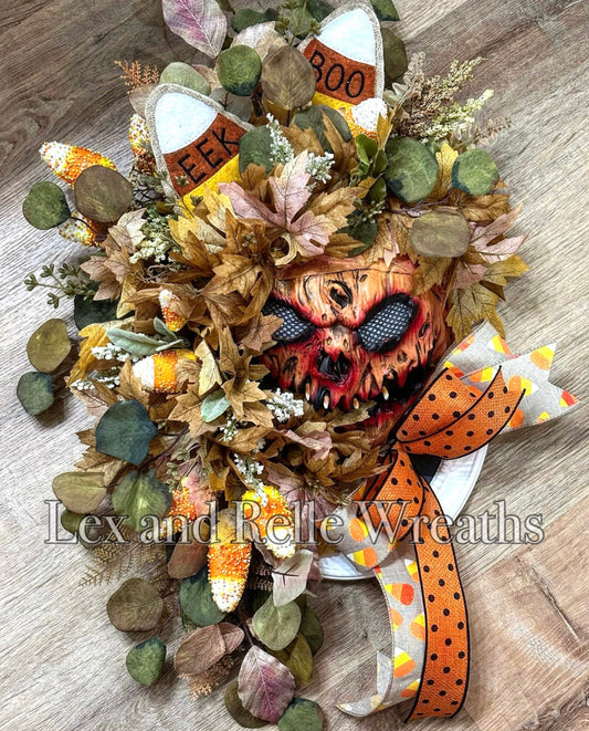 Creepy Candy Corn Halloween Pumpkin Mask Wreath