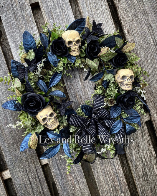 Belladonna Spooky Pretty Wreath with Skulls Roses & Eucalyptus